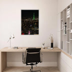 Wood-mounted framed print of NYC Downtown night view with Empire State Building, part of the Studio Edition Travel Collection.