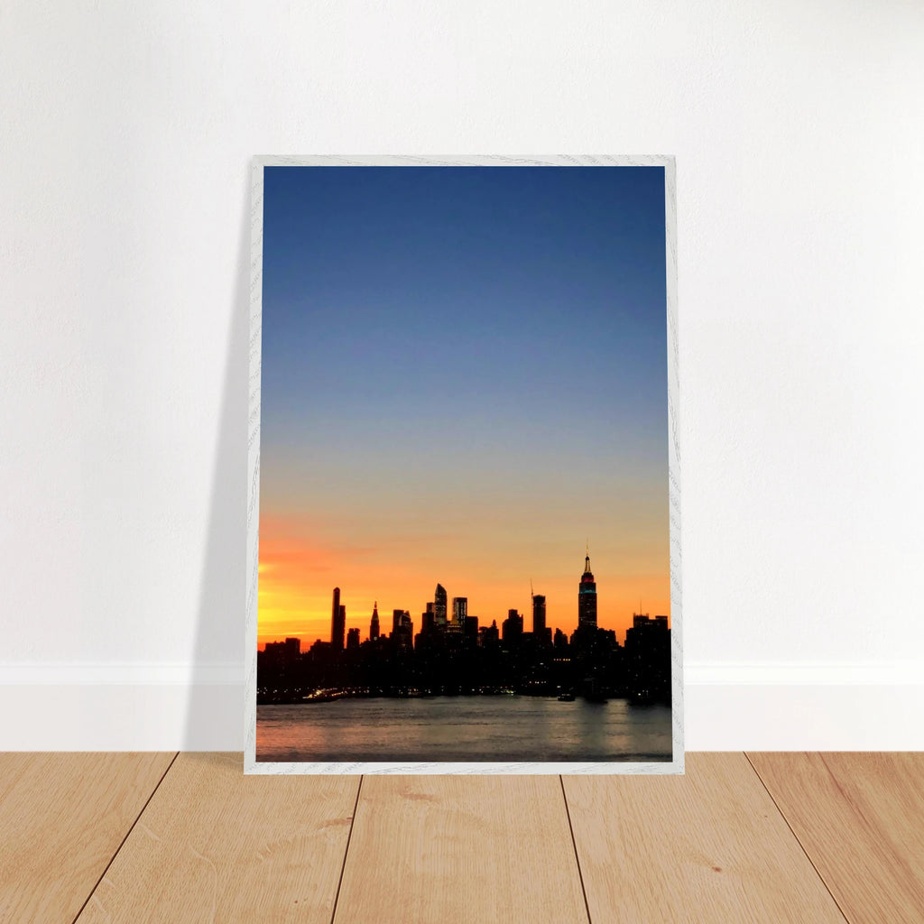 Manhattan Skyline sunset framed poster depicting NYC skyline wall art printed on high-quality material