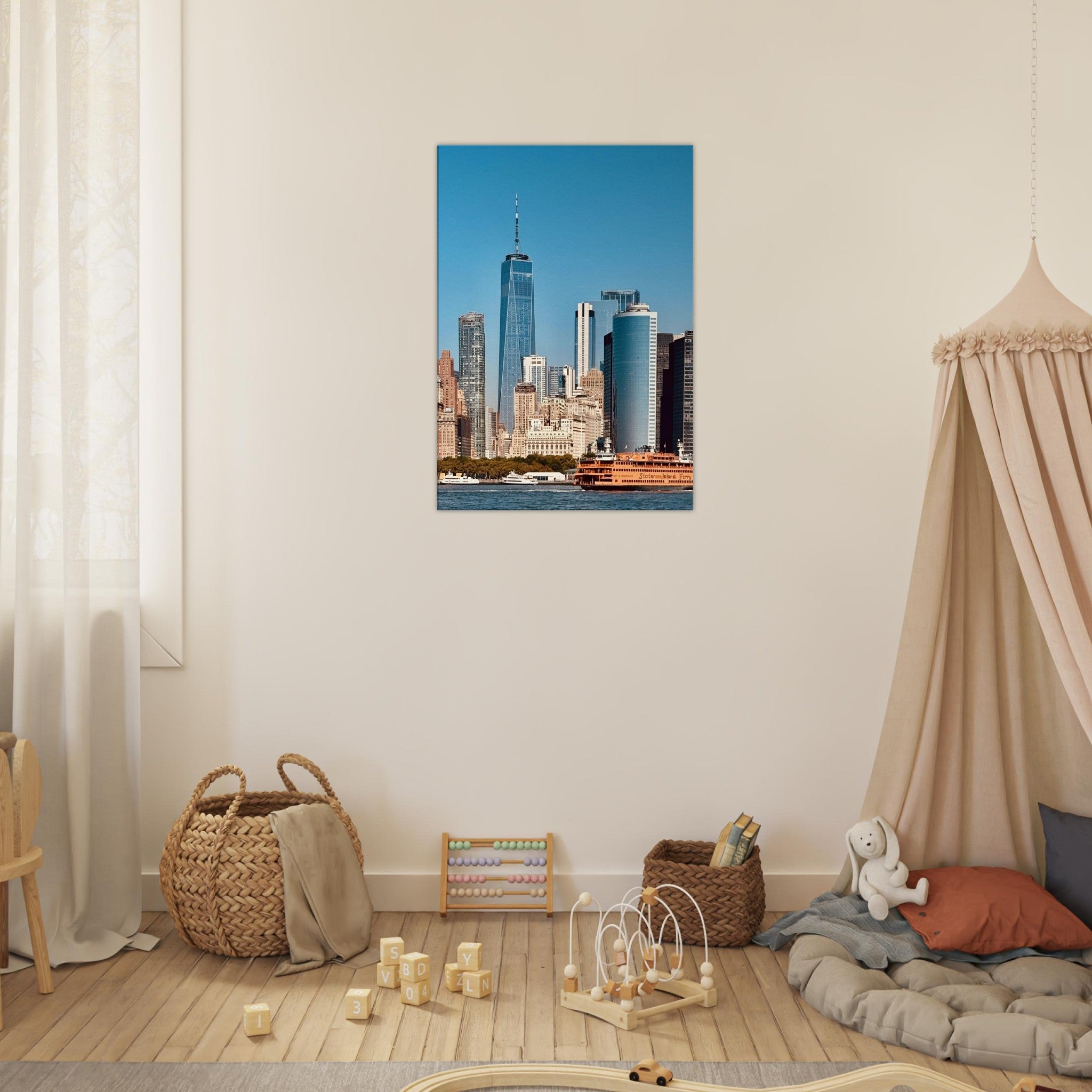 NYC skyline canvas print featuring the World Trade Center and Staten Island Ferry, part of the Studio Edition travel collection.