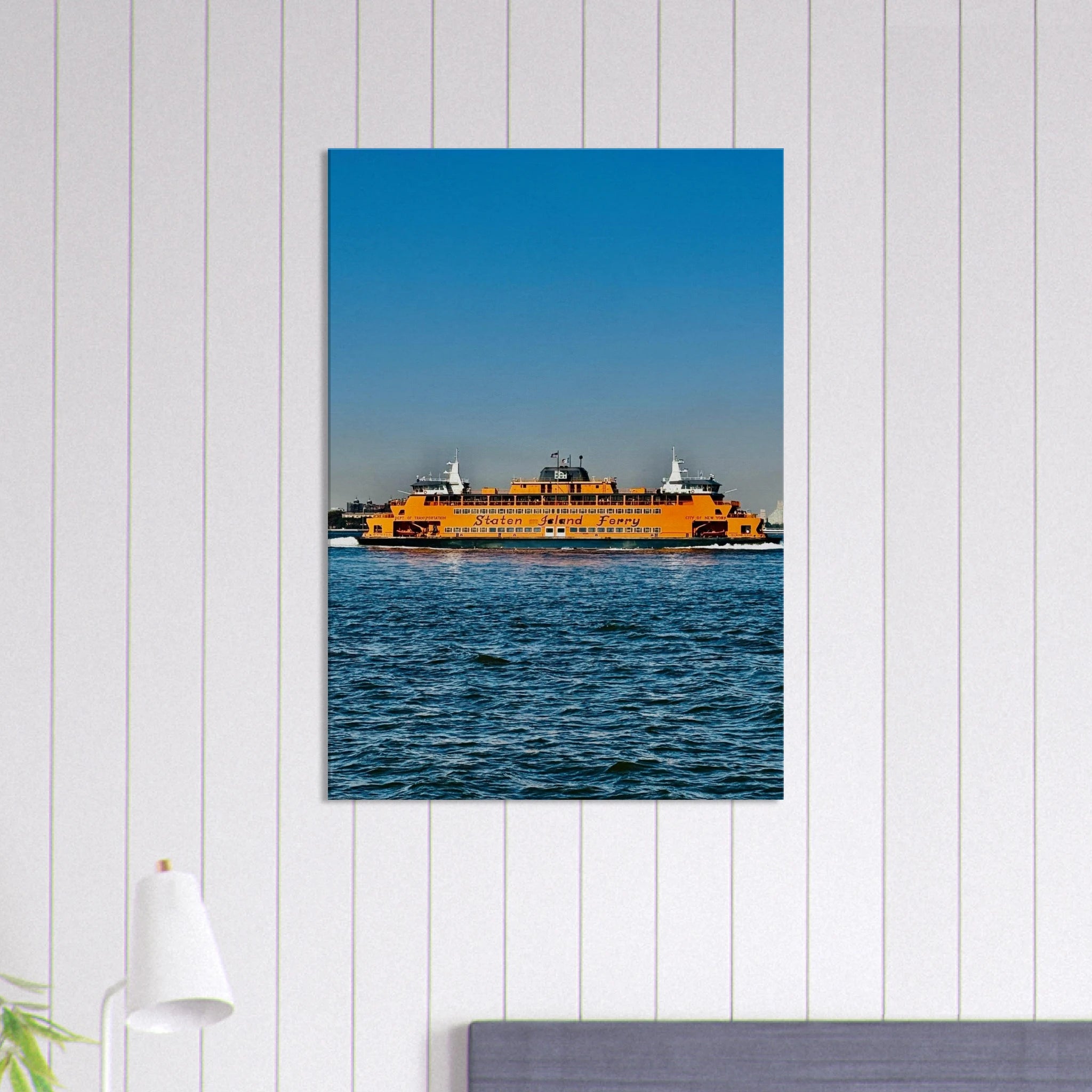 NYC skyline canvas print featuring the Staten Island Ferry, part of CaliCuration’s Travel Collection, studio edition wall art.