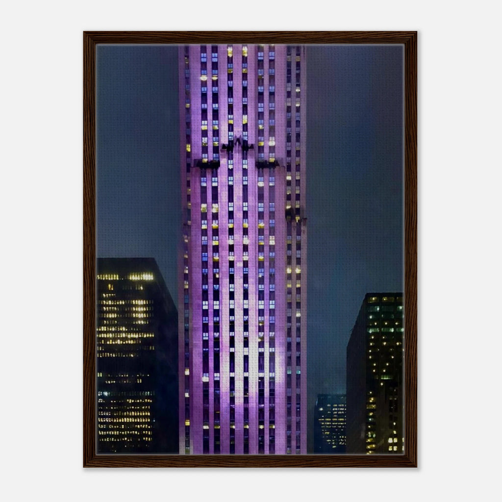 Framed canvas print of NYC holiday skyline in purple, part of the Travel Collection Studio Edition showcasing vibrant cityscape artwork.