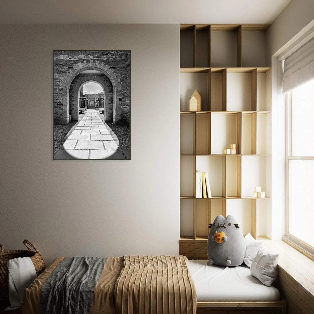 Black and white Cotswolds Estate aluminum framed print featuring summer light and shadows from the Studio Edition travel collection.