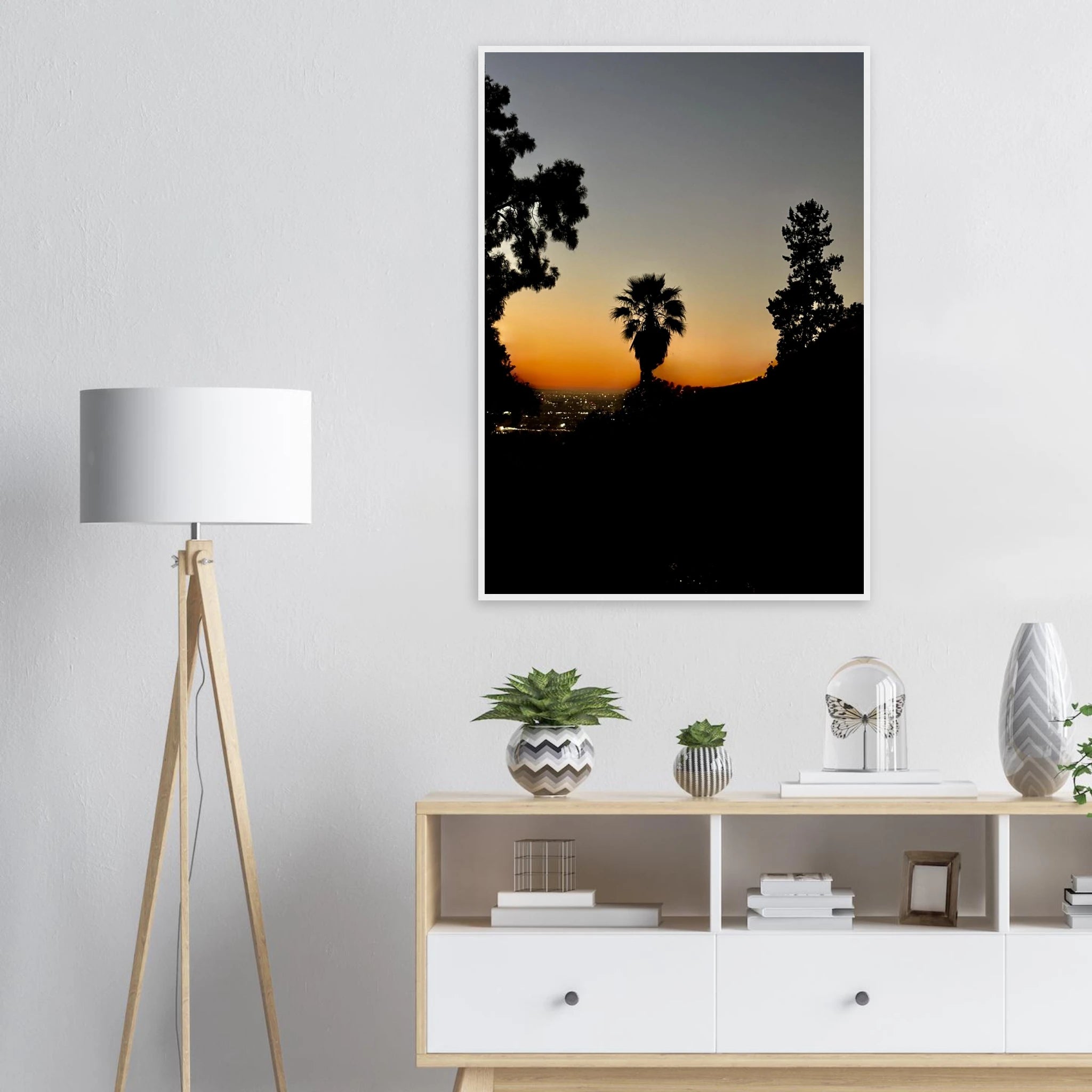 Framed poster of Winter Sunset over Laurel Canyon in Hollywood Hills, California, featuring vibrant sunset colors and natural landscape.