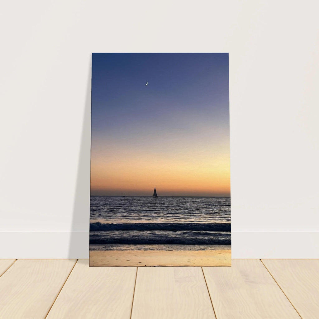 SoCal Fall Sunset canvas print by My Store featuring a vibrant sunset scene with autumn colors and a calming new moon in the background.