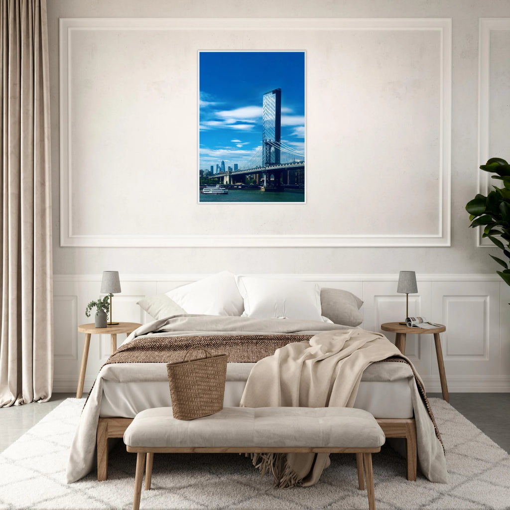 Framed NYC Manhattan Bridge and East River urban photography print by My Store, showcasing a vibrant cityscape scene.