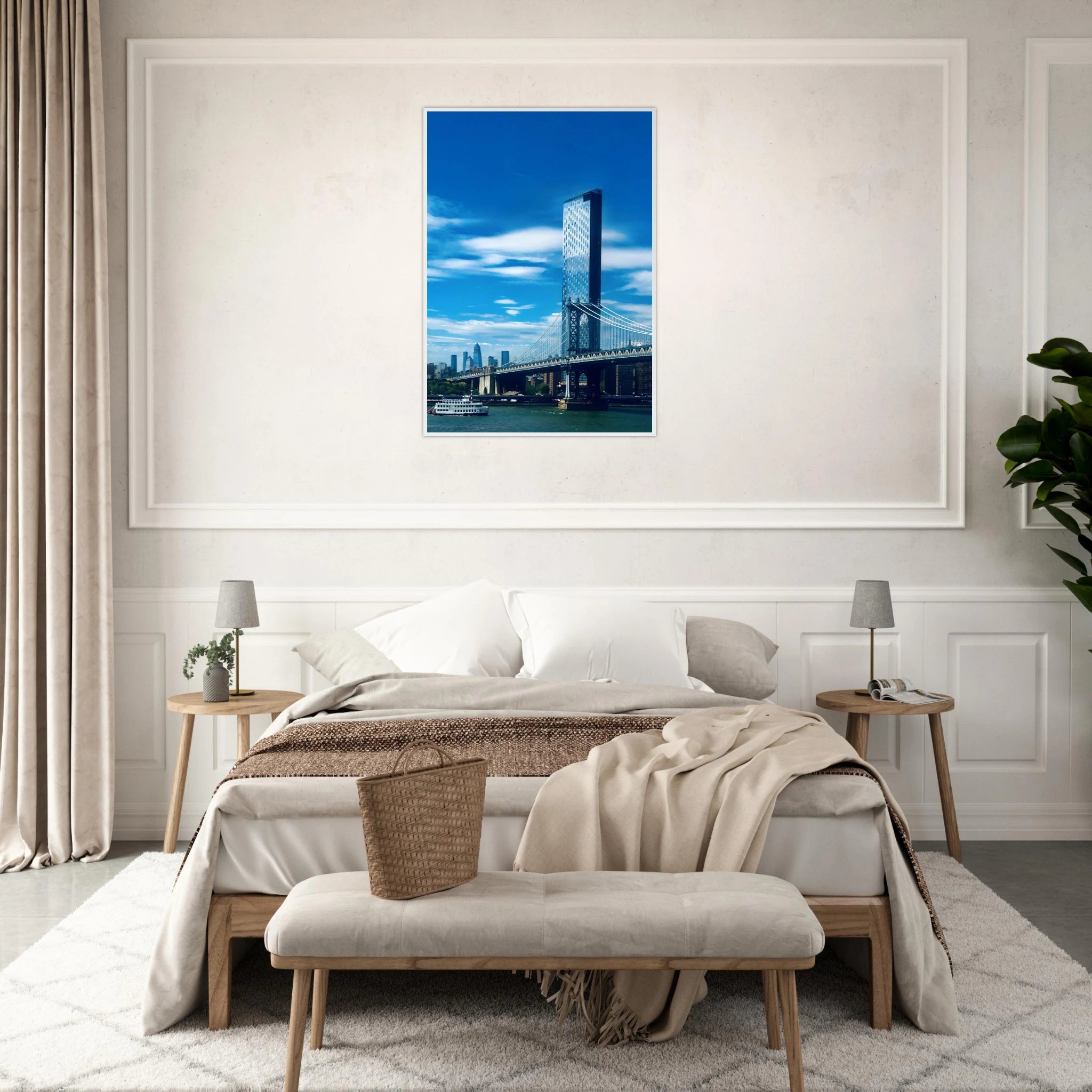 Framed NYC Manhattan Bridge and East River urban photography print by My Store, showcasing a vibrant cityscape scene.