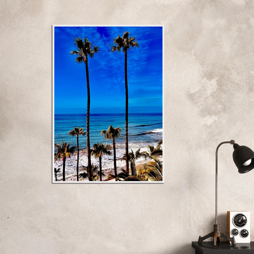 Malibu palm tree family framed poster by CaliCuration, California art print on high-quality print material, spring '26 edition.