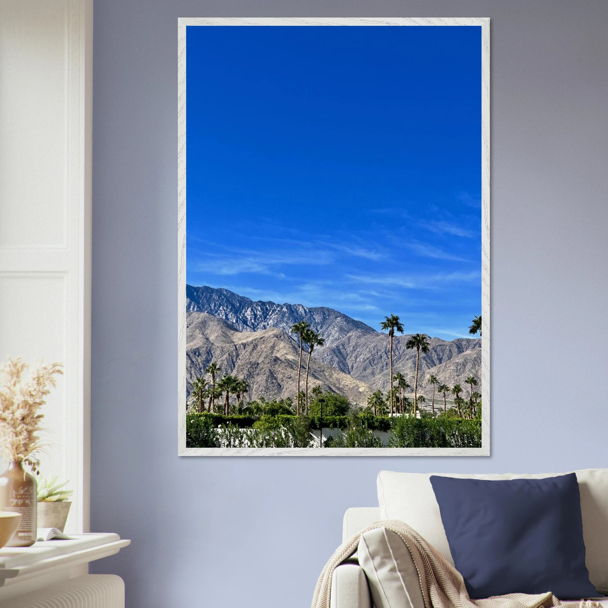 Premium wooden framed poster of a sunny fall day in Palm Springs California, showcasing vibrant outdoor scenery and warm tones.