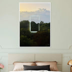 Color print of "A Window into Jungle Stillness" by CaliCuration, showcasing a vibrant jungle scene with lush greenery.