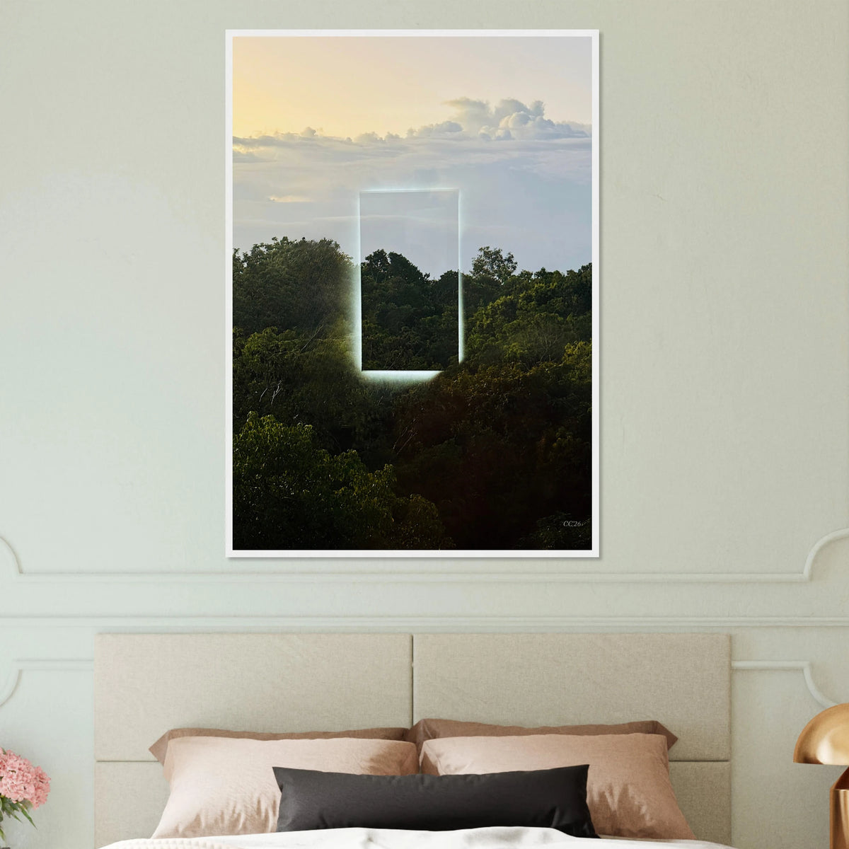 Color print of "A Window into Jungle Stillness" by CaliCuration, showcasing a vibrant jungle scene with lush greenery.