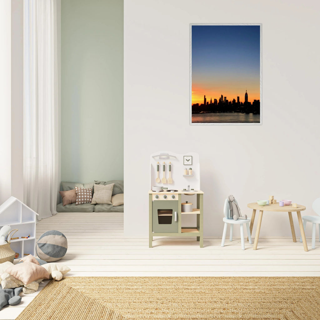 Wooden framed Manhattan skyline sunset poster from the Travel Collection, featuring a vibrant cityscape wall art print.