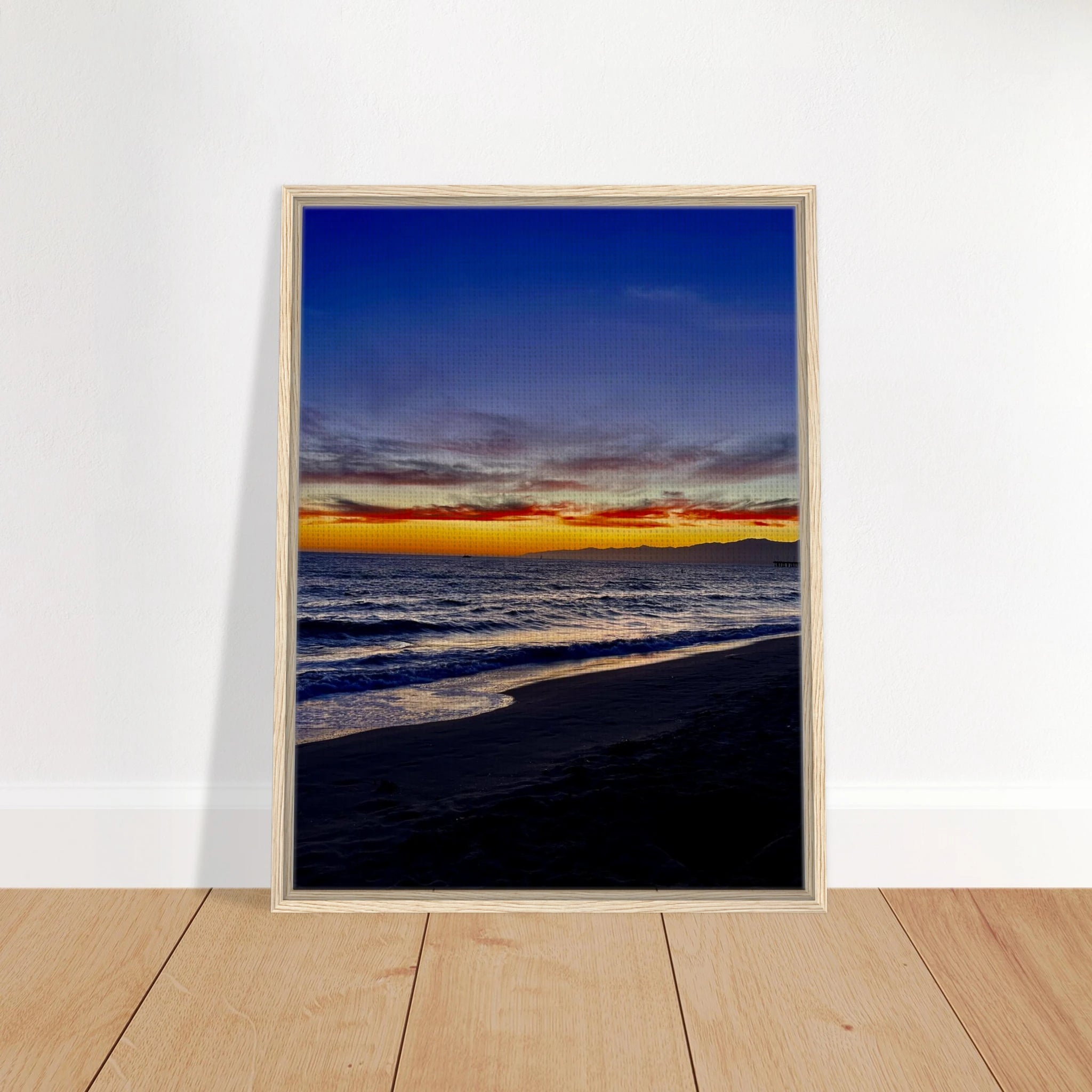 California SUNSET WALL Art print by CaliCuration featuring Venice Beach scene on a wooden framed canvas, spring 2026 studio edition.