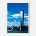 Framed NYC Manhattan Bridge and East River urban photography poster, showcasing iconic New York City skyline and bridge details.