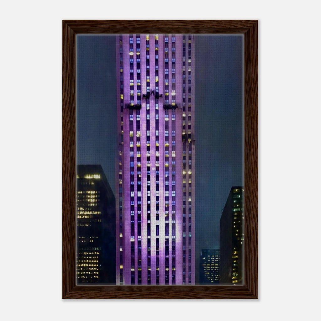 Framed canvas print of the NYC holiday skyline in purple elegance from the Travel Collection, Studio Edition, featuring iconic city views.