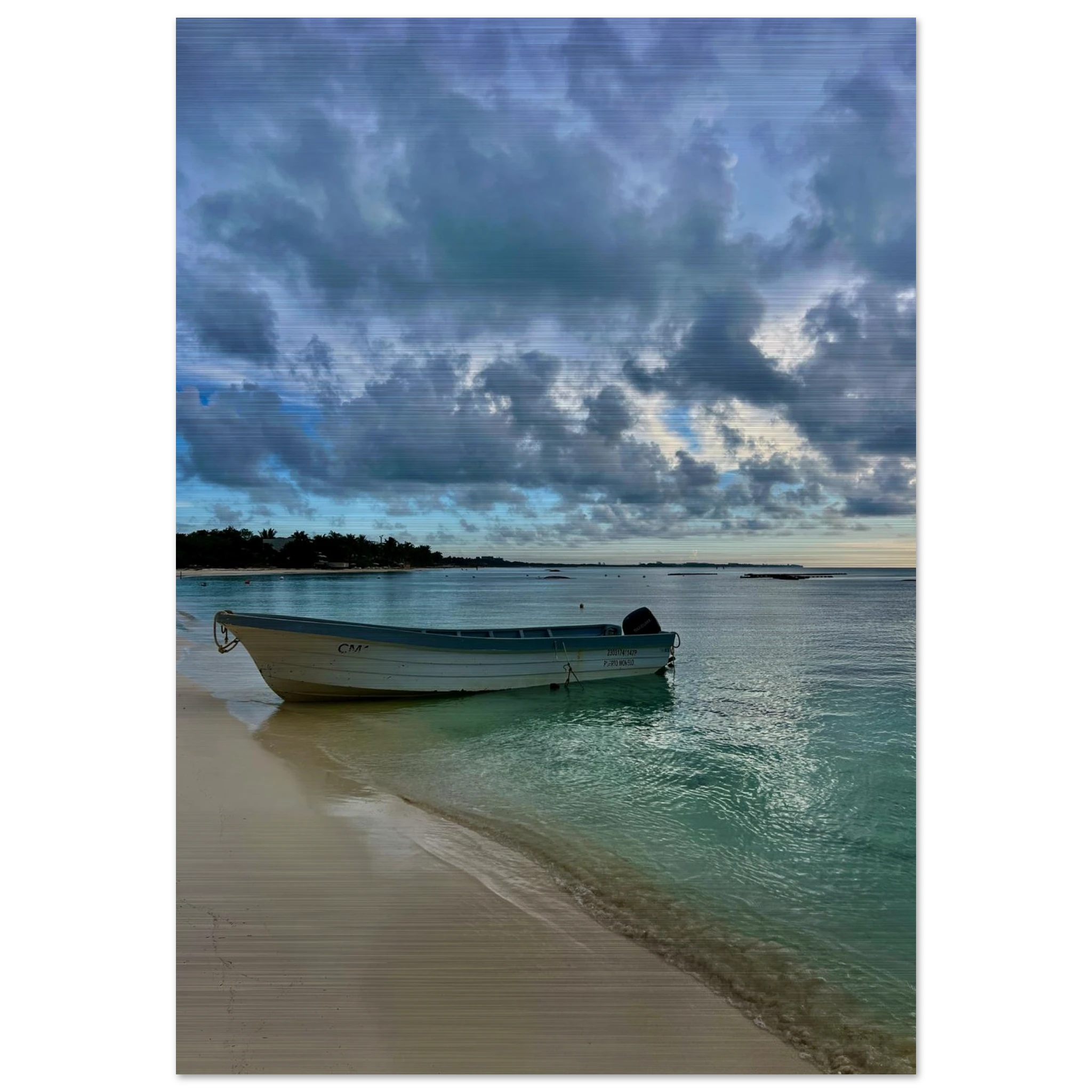 Idyllic Tulum Fisherboat brushed aluminum print featuring calm Caribbean beach scene, part of CaliCuration's travel collection.