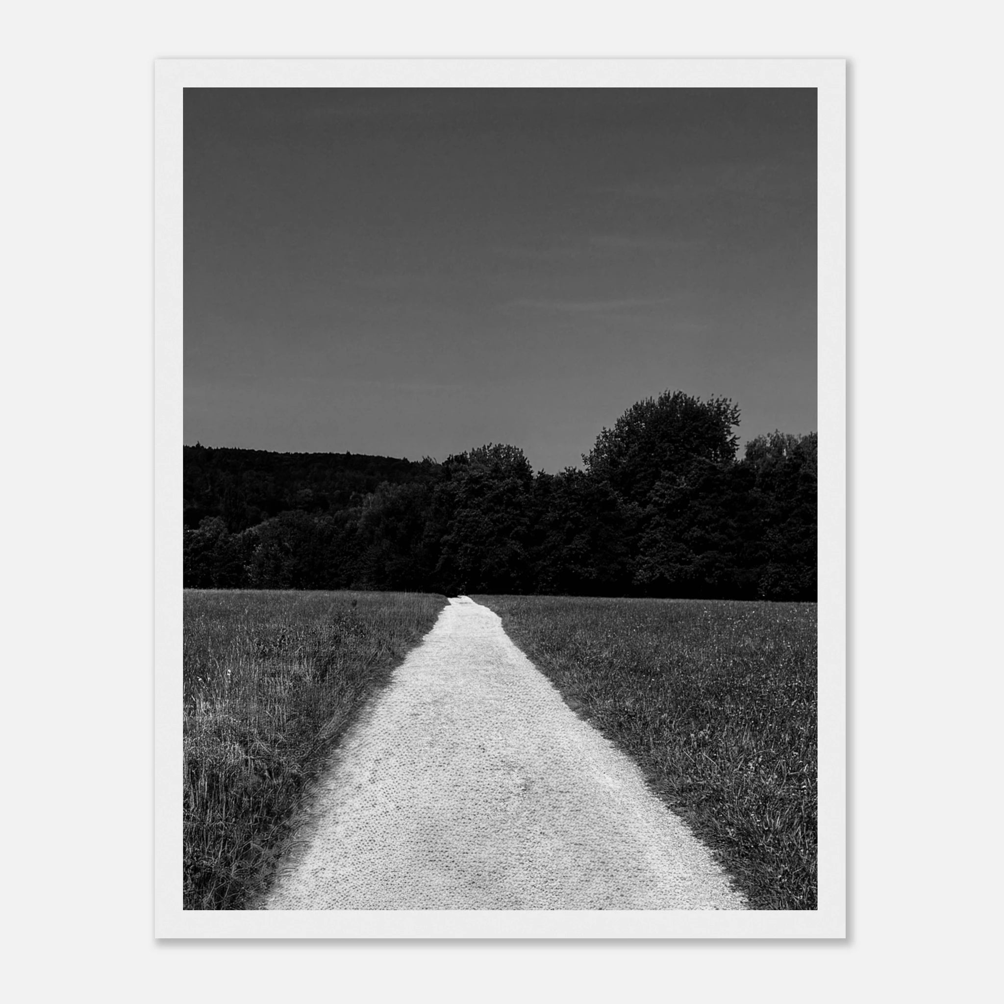 Black and white framed poster of a summer road scene from the Travel Collection, printed on semi-glossy paper, Studio Edition.