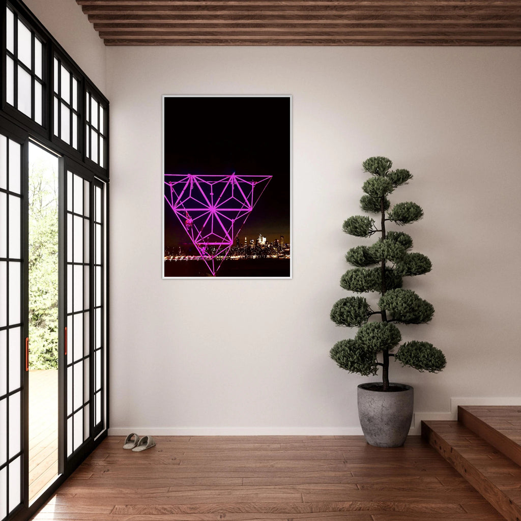 Framed print of New York City holiday art installation featuring a vibrant Manhattan night view with Empire State Building, travel collection.