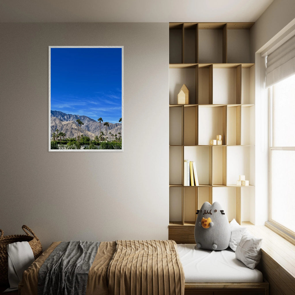 Premium wooden framed poster of a sunny fall day in Palm Springs, California, featuring vibrant autumn scenery in a Studio Edition print.