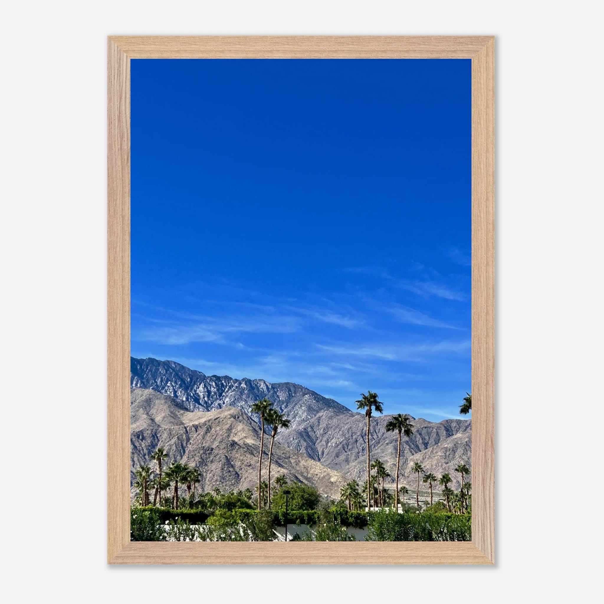 Premium wooden framed poster of a sunny fall day in Palm Springs, California, featuring vibrant autumn scenery and studio-quality print.