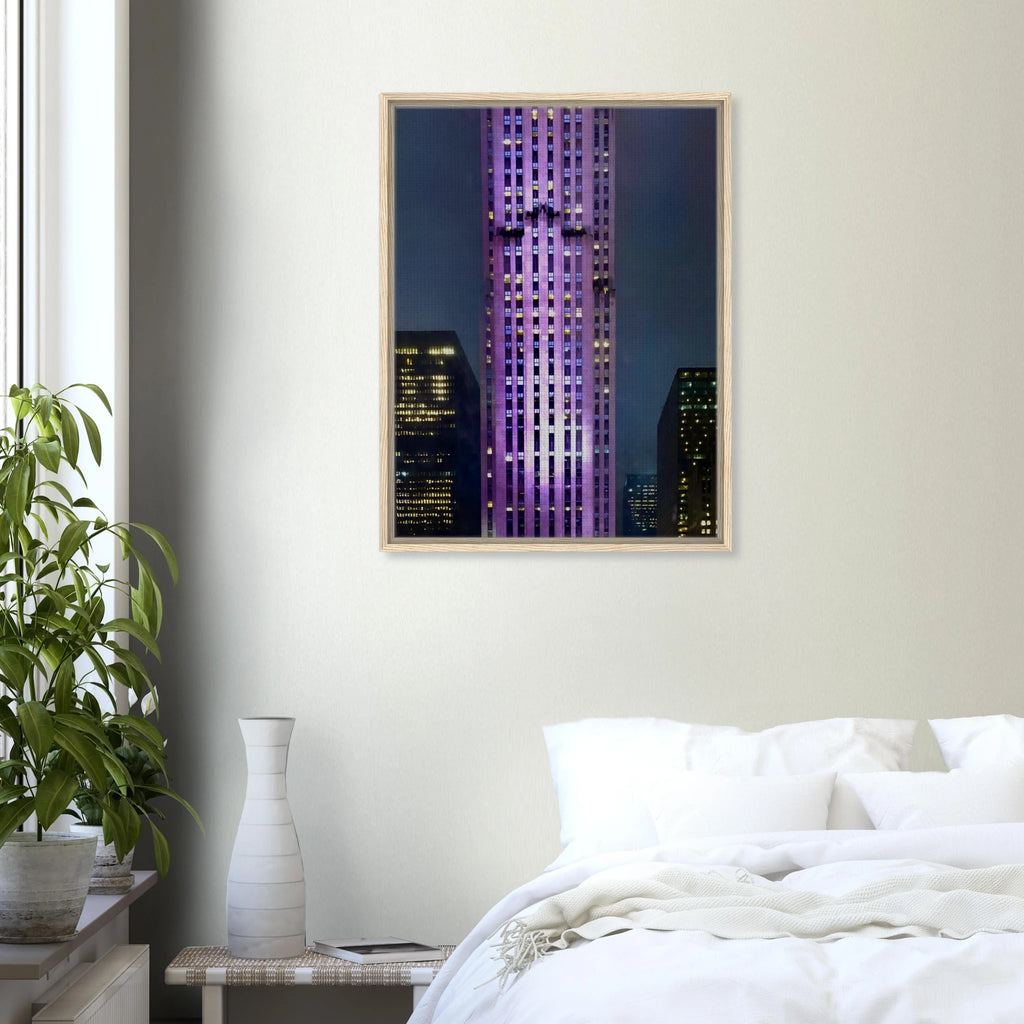 NYC Holiday Skyline framed canvas art in purple elegance from the Travel Collection, showcasing a colorful cityscape print.