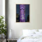 NYC Holiday Skyline framed canvas art in purple elegance from the Travel Collection, showcasing a colorful cityscape print.