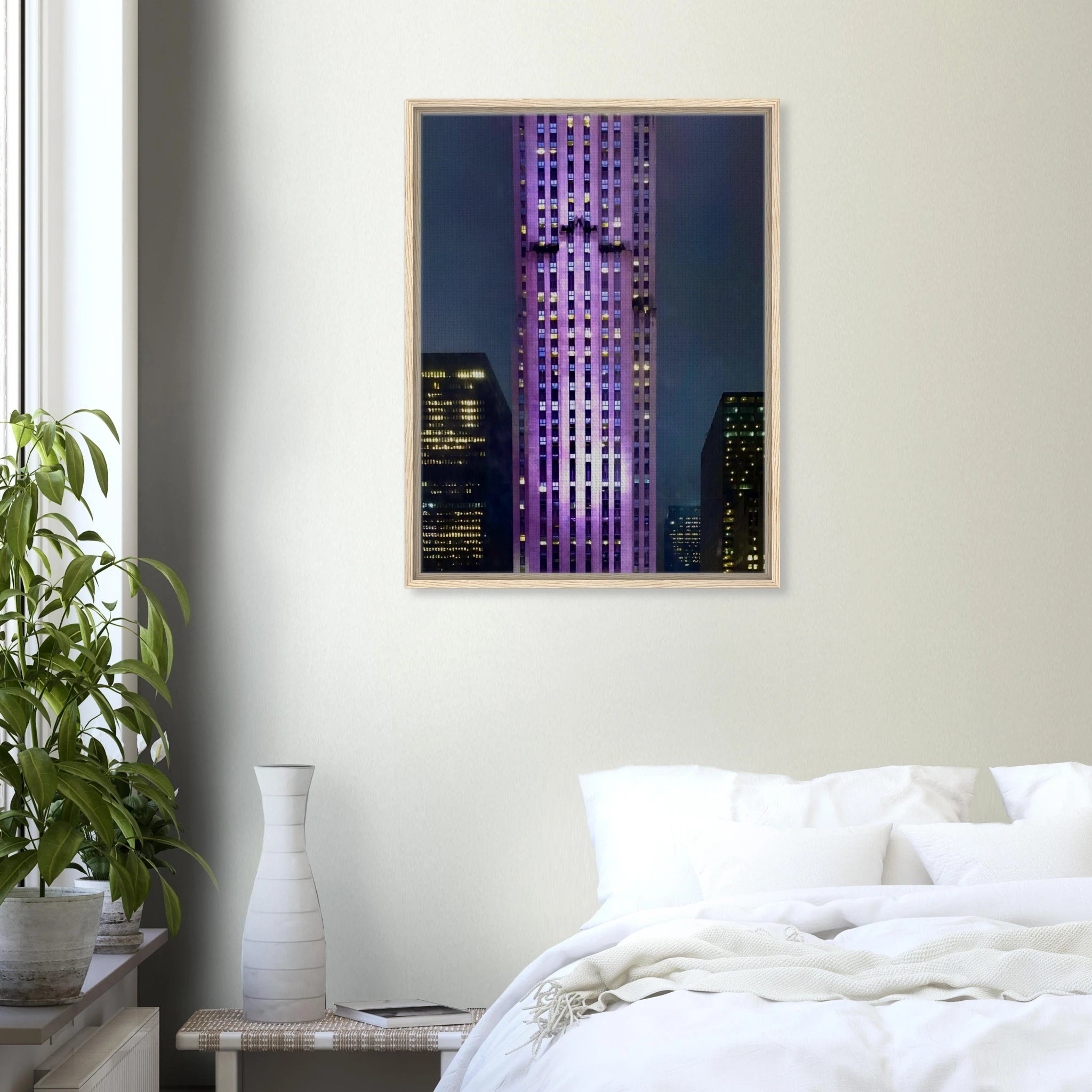 NYC Holiday Skyline framed canvas art in purple elegance from the Travel Collection, showcasing a colorful cityscape print.