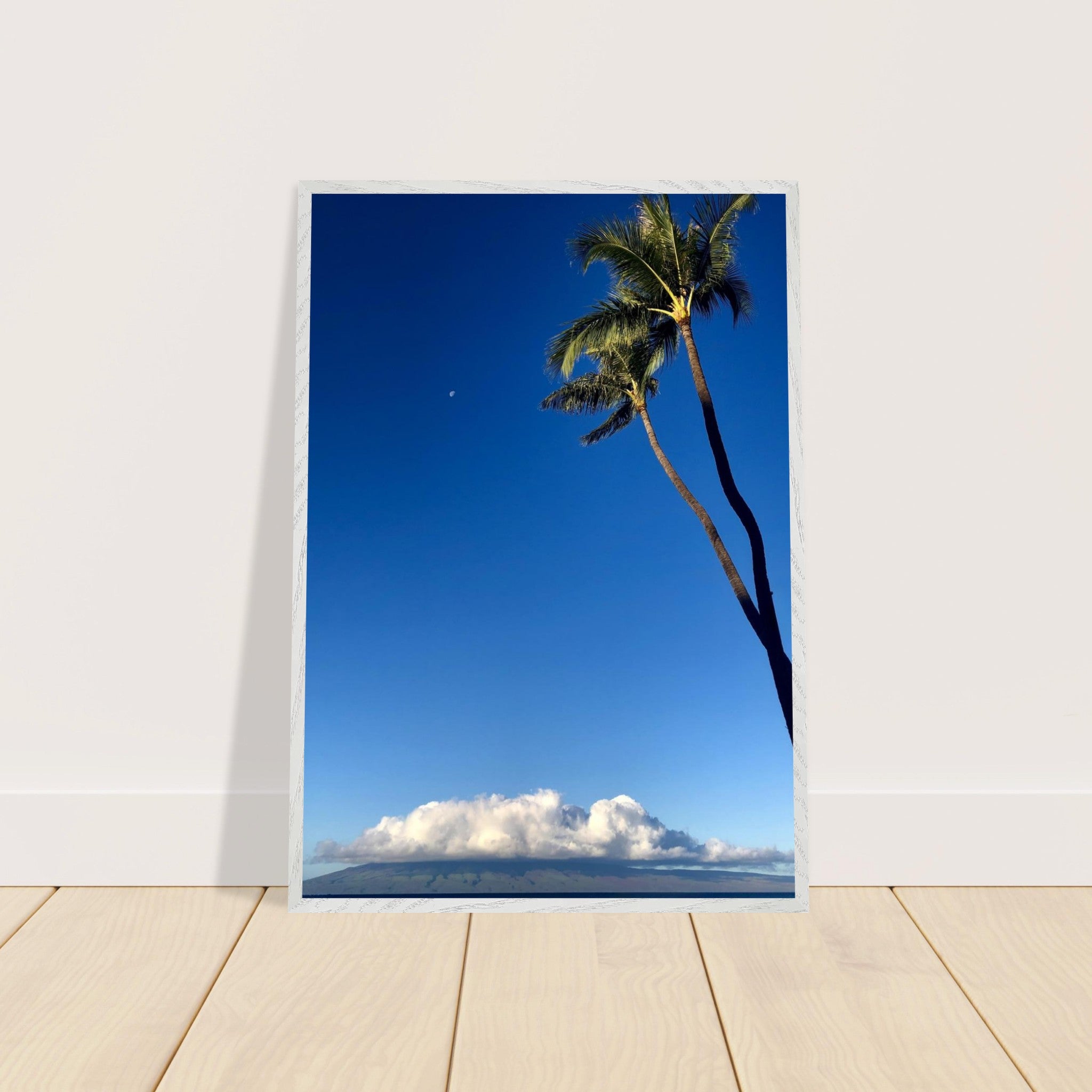 Framed Hawaii Volcano Clouds and Pacific scene print by CaliCuration, showcasing vibrant island landscape and volcanic sky art.