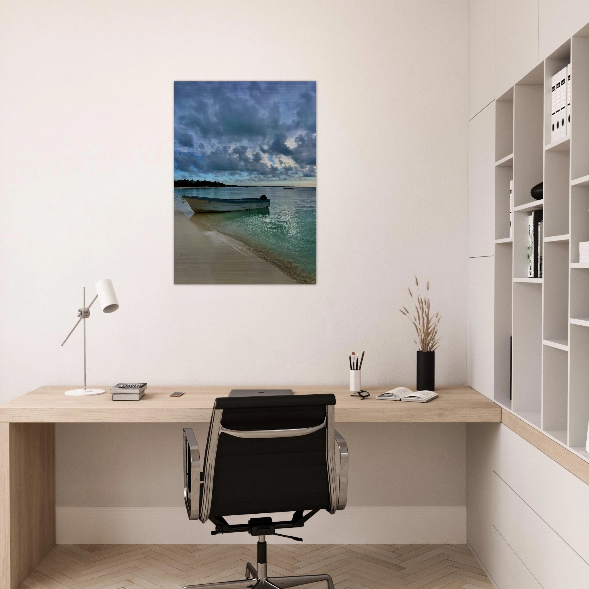 Brushed aluminum print of Idyllic Tulum Fisherboat scene featuring calm Caribbean beach, part of CaliCuration's travel collection.