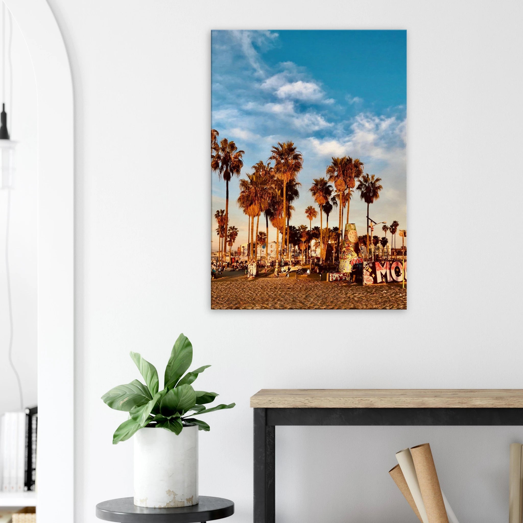 California canvas print featuring edgy palm trees and graffiti design, perfect for beach and desert decor.