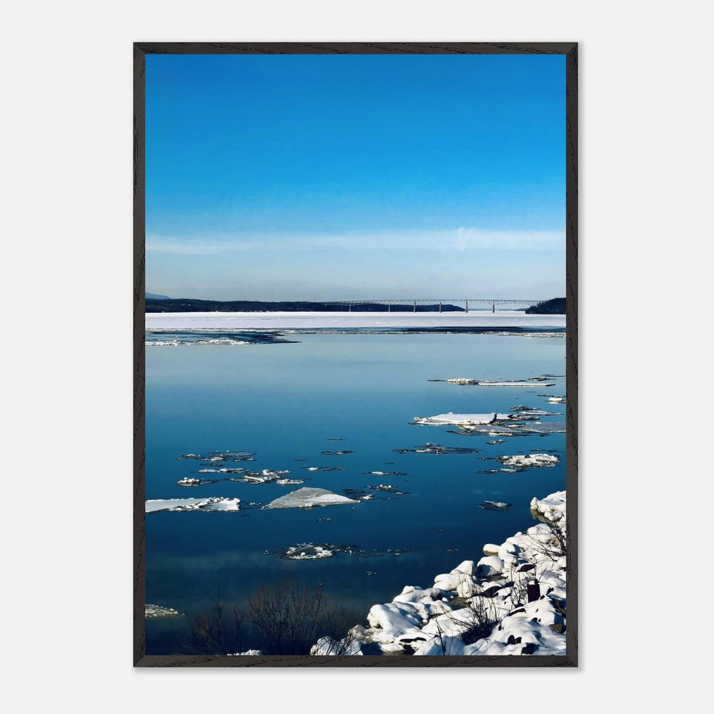 Premium wooden framed Hudson Valley winter poster print by My Store, featuring snowy landscape with rustic wood framing.