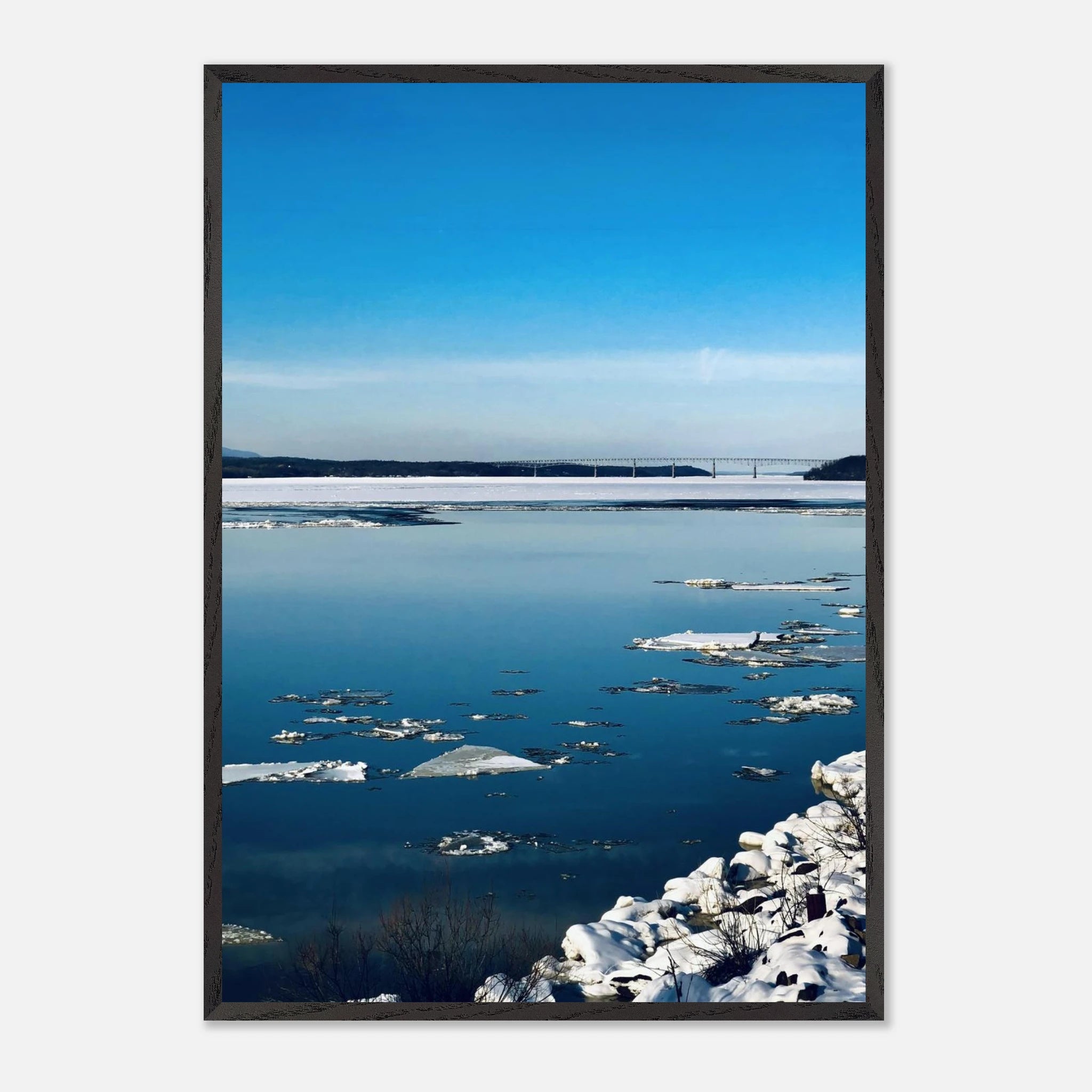 Premium wooden framed Hudson Valley winter poster print by My Store, featuring snowy landscape with rustic wood framing.