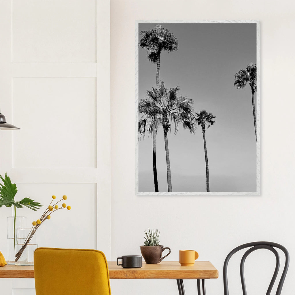 Premium wooden framed black and white California beach icons poster art in semi-glossy finish, Studio Edition.