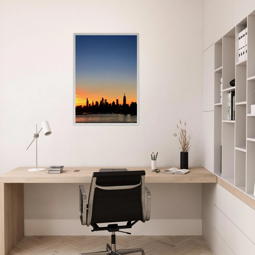 Manhattan skyline sunset framed poster featuring NYC wall art print on high-quality material, showcasing vibrant cityscape colors.