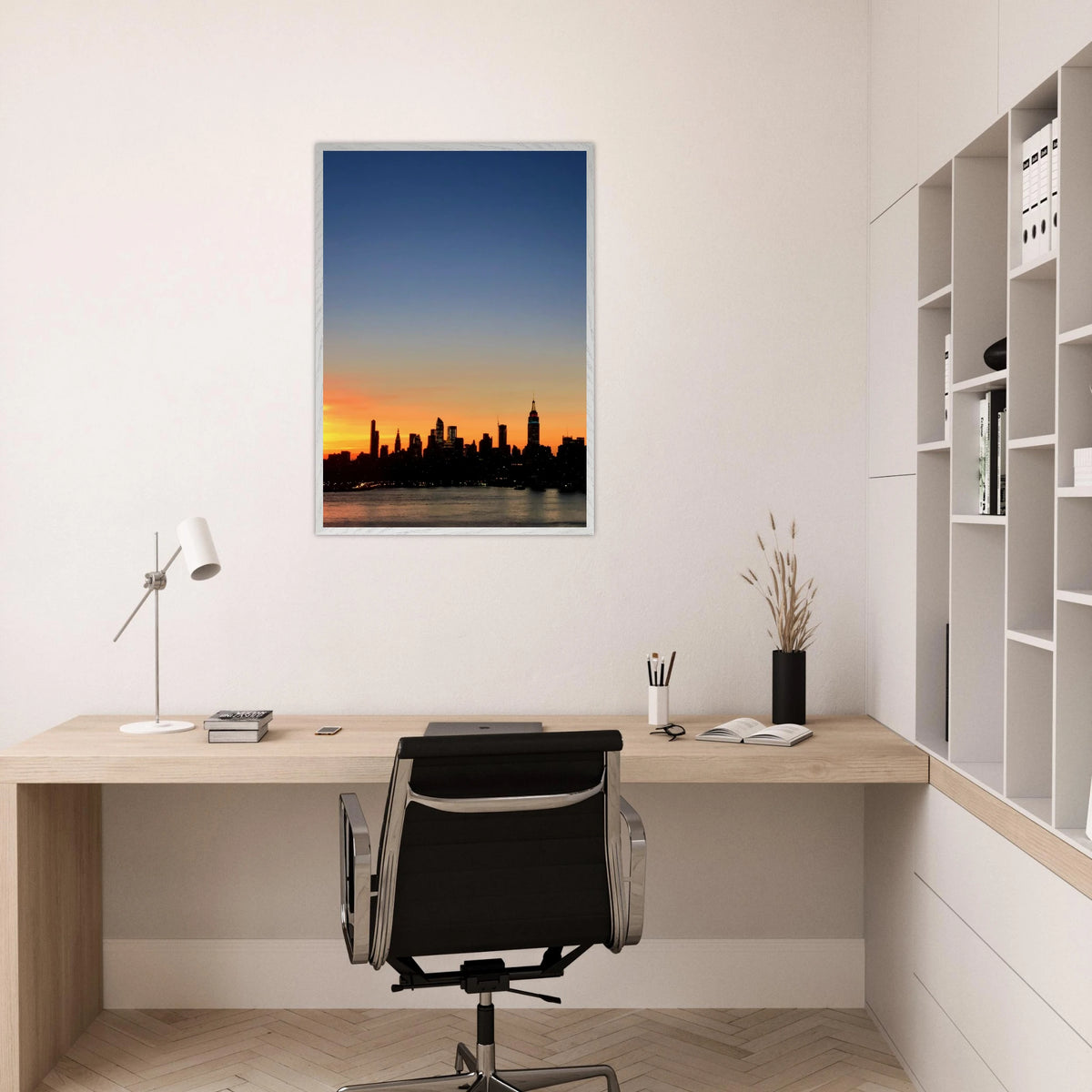 Manhattan skyline sunset framed poster featuring NYC wall art print on high-quality material, showcasing vibrant cityscape colors.