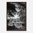 Black and white framed print of Upstate NY summer lake scene from the Travel Collection by My Store, studio edition holiday series.