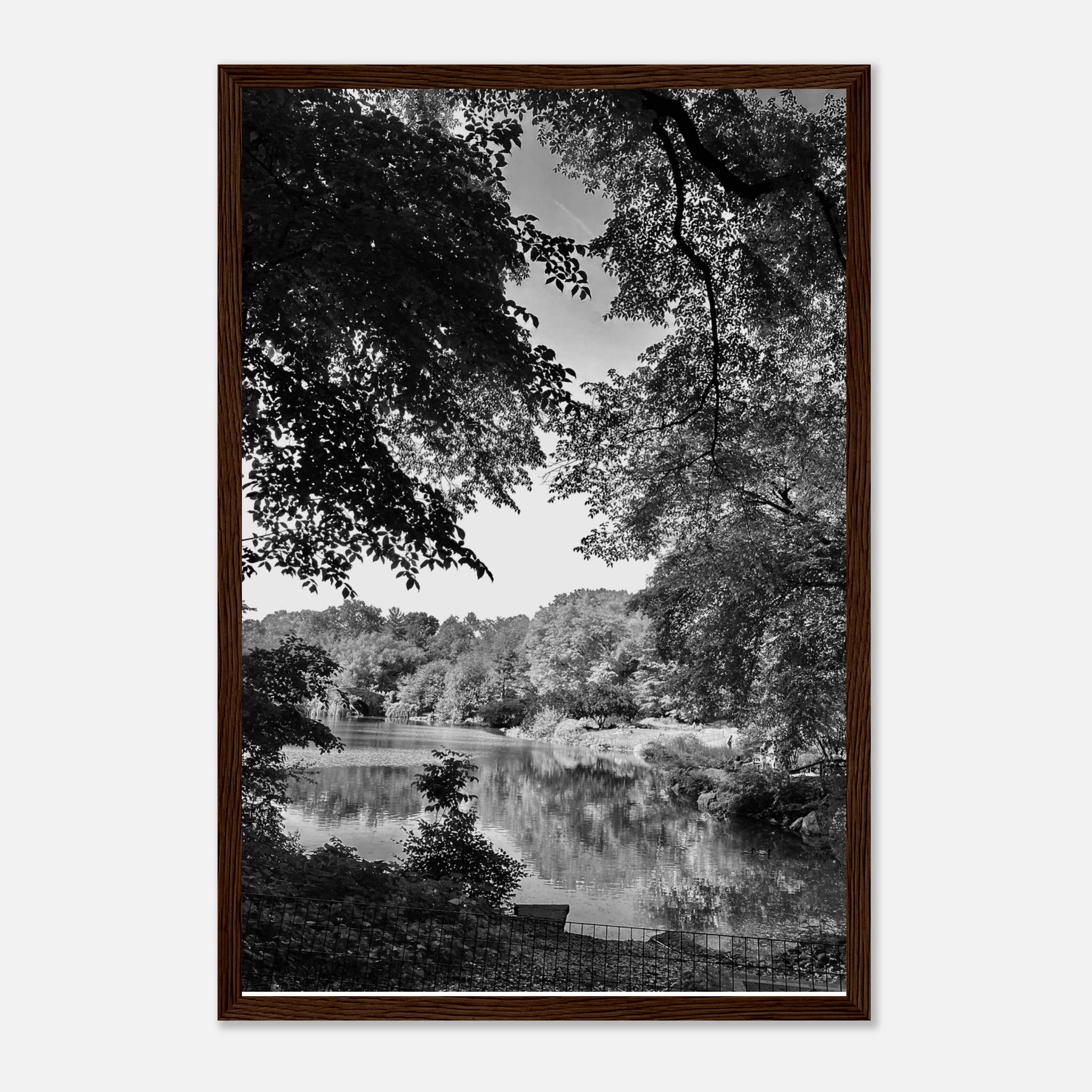 Black and white framed print of Upstate NY summer lake scene from the Travel Collection by My Store, studio edition holiday series.