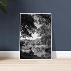 Black and white framed print of a summer lake scene from Upstate NY, part of the Studio Edition Travel Collection.
