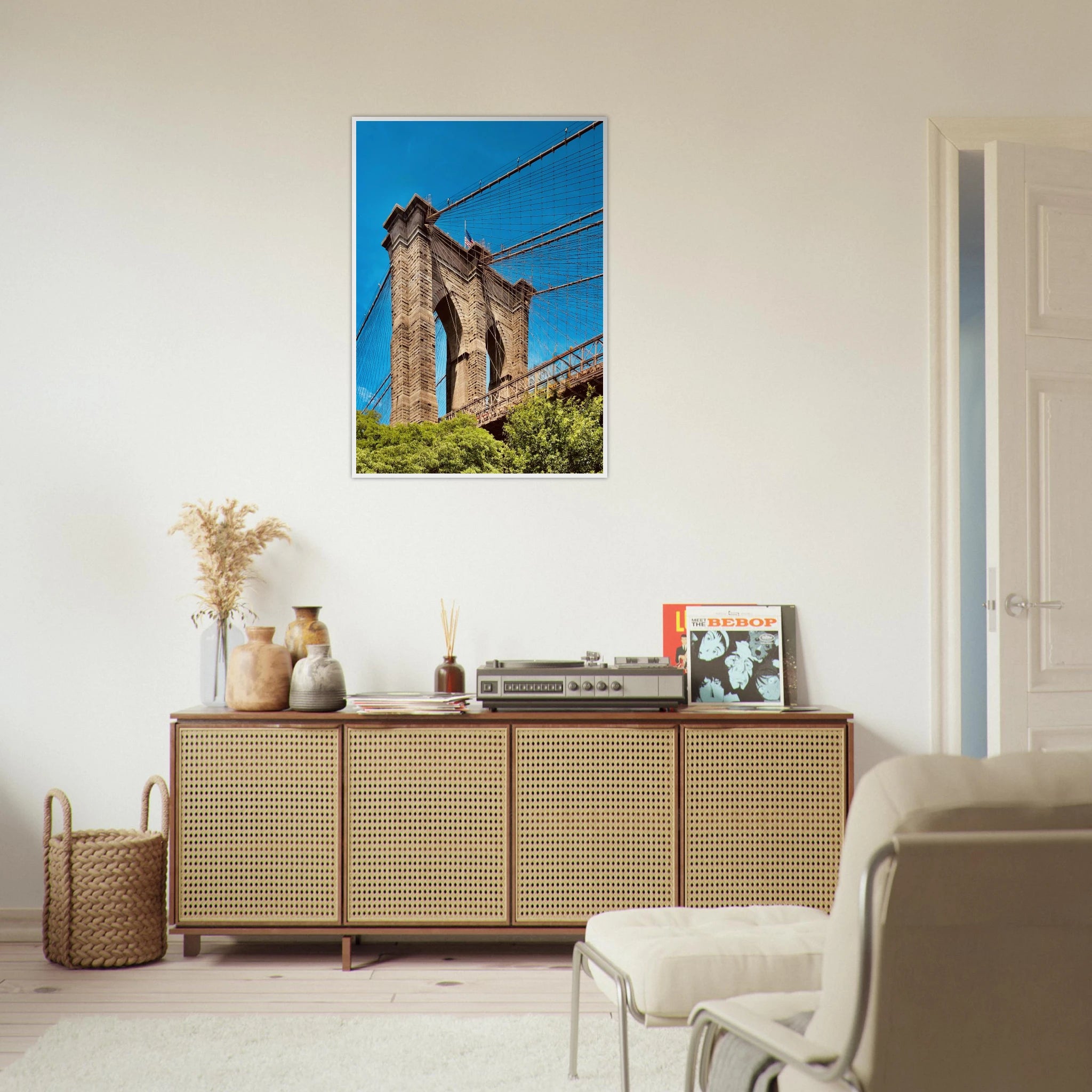 Framed NYC Brooklyn Bridge poster featuring a Dumbo view, part of the Studio Edition travel collection, showcasing iconic New York scenery.