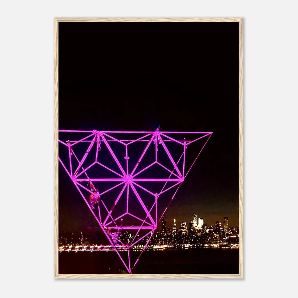 Framed print of New York City holiday art installation featuring Manhattan night view and Empire State Building, studio edition.