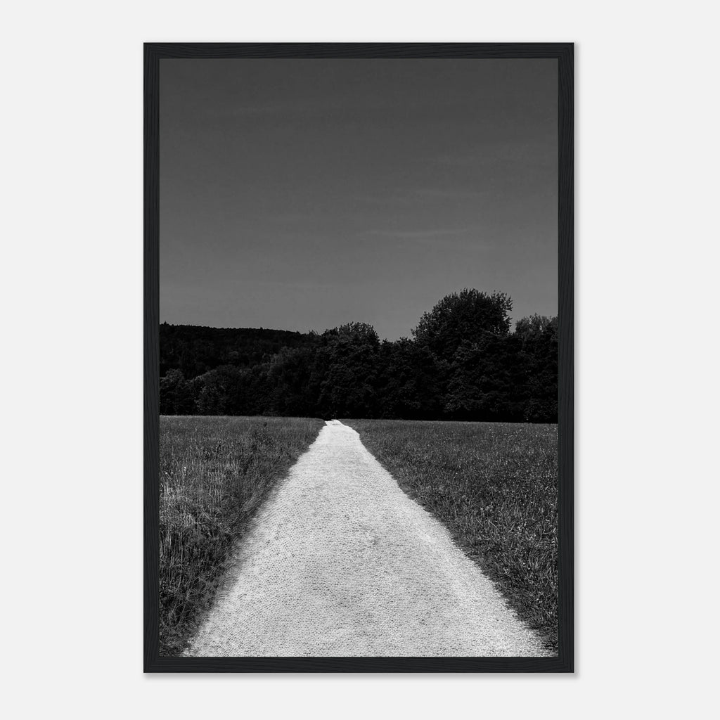 Black and white framed print of a summer road scene from the Travel Collection, premium semi-glossy paper, Studio Edition.
