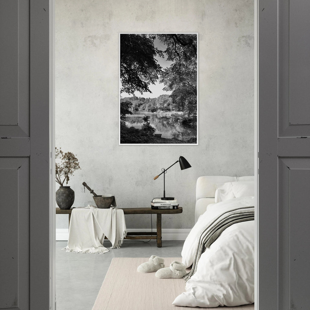 Black and white framed print of Upstate NY summer lake scene from the Travel Collection by My Store, studio edition holiday series.