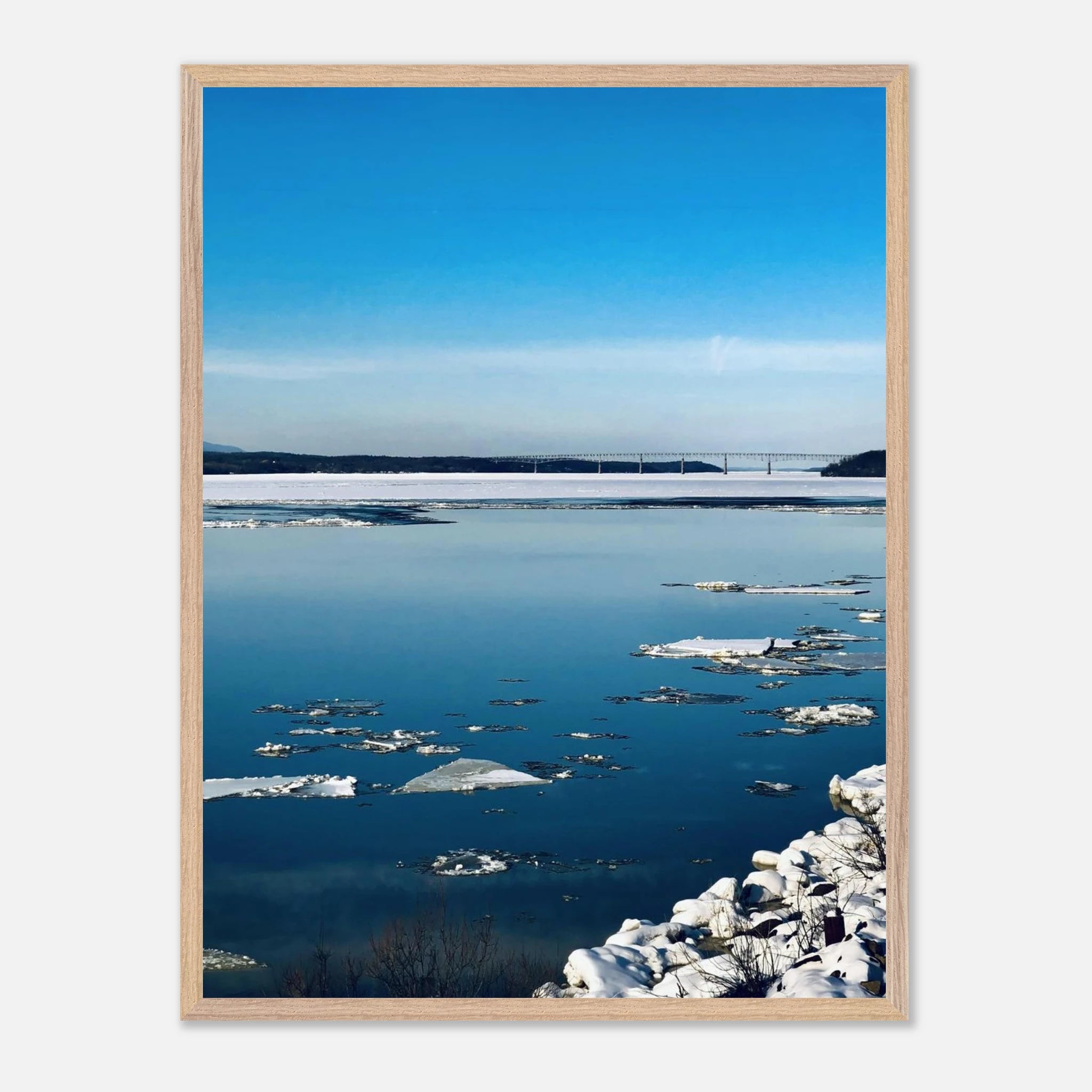 Premium wooden framed Hudson Valley winter poster print with snowy scenery, part of the Studio Edition Holiday 25 travel collection.