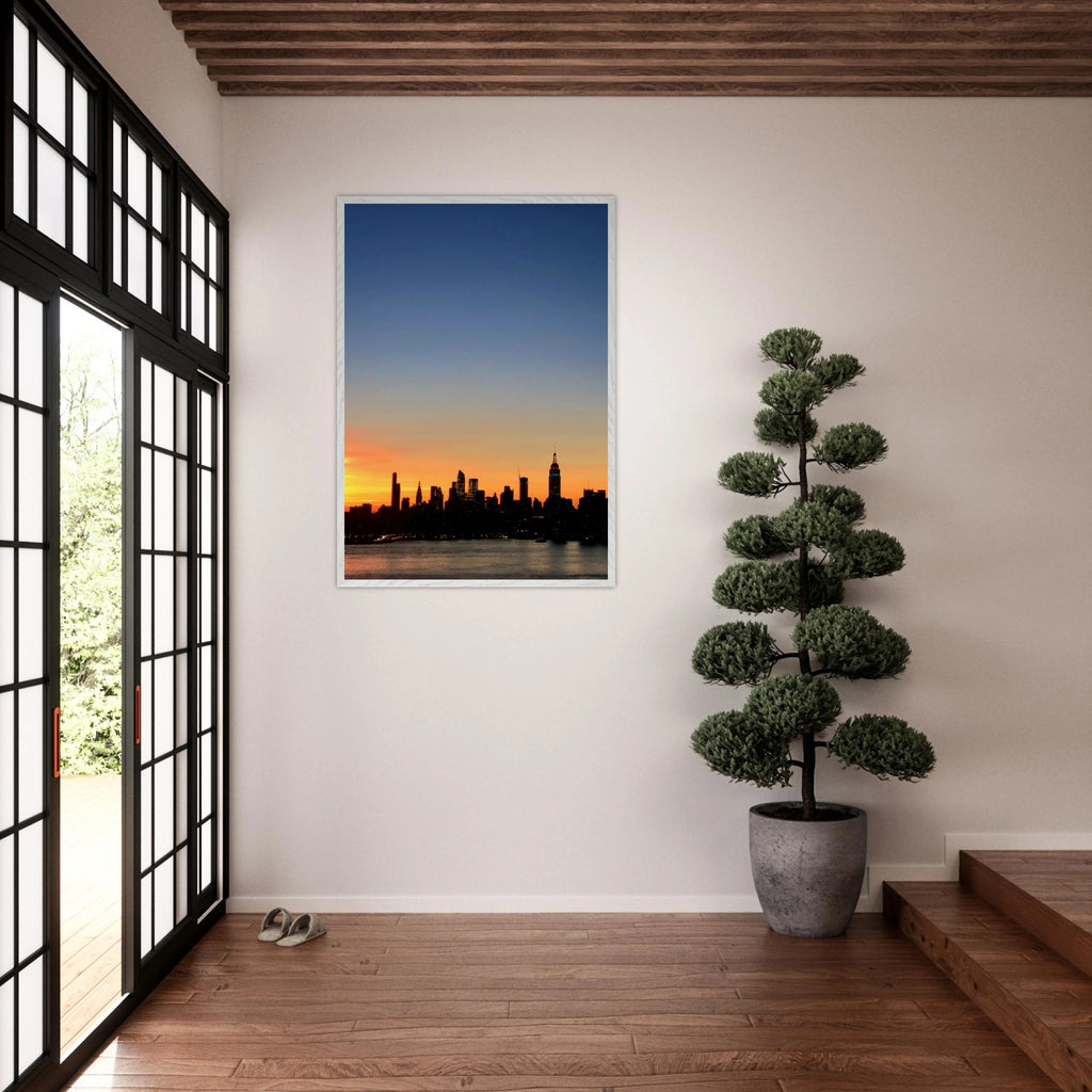Wooden framed poster of Manhattan skyline sunset travel wall art by My Store, showcasing vibrant cityscape at dusk.
