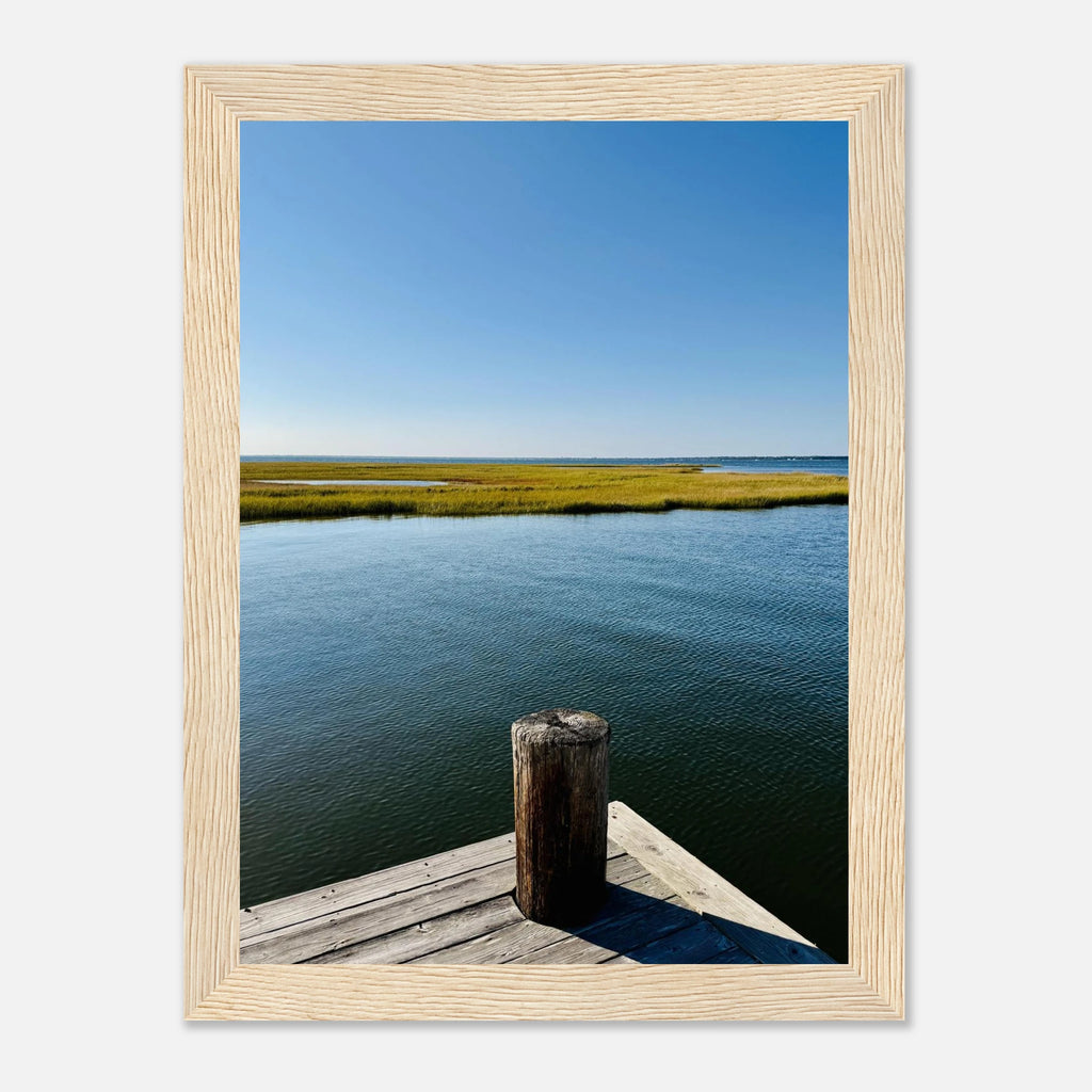 Framed print of Long Island Sound dreamy pier scene, showcasing tranquil beach and sky in a dreamy summer mood wall art by My Store.