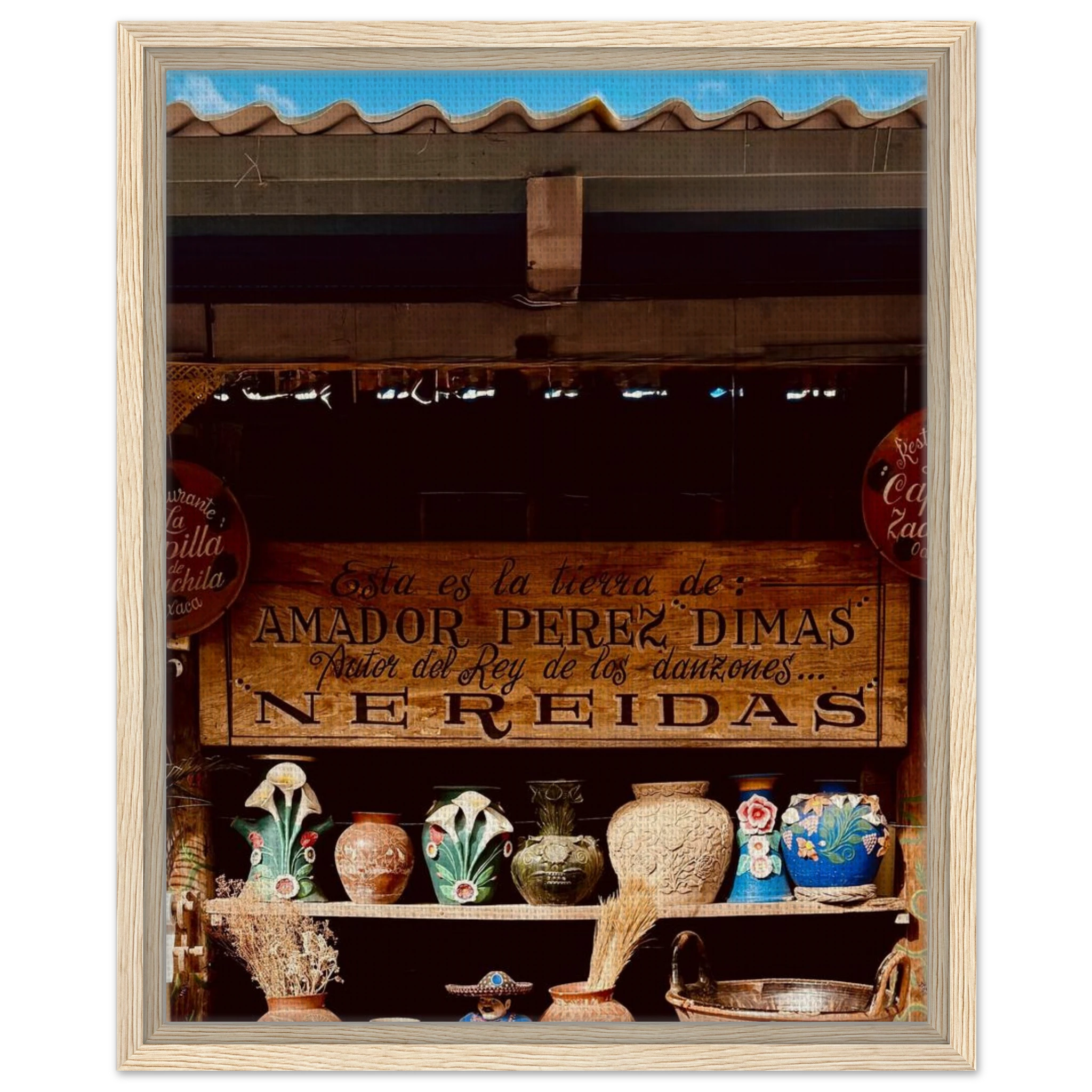 Colorful framed canvas artwork of Oaxaca street fair scene by CaliCuration, showcasing vibrant Mexican travel-inspired art.