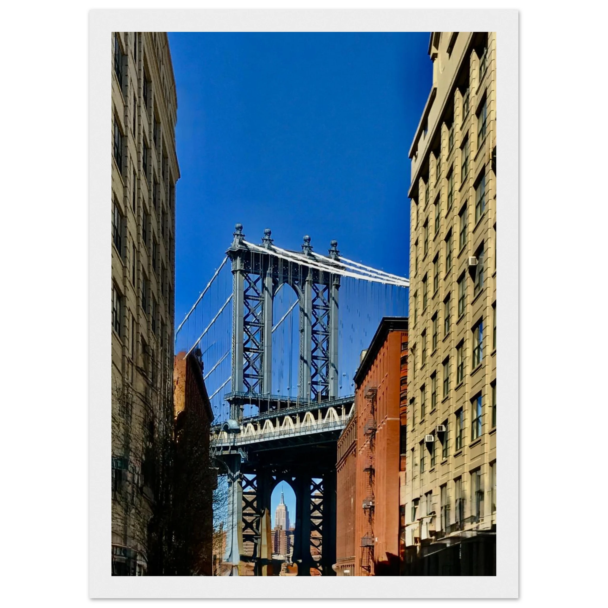 NYC Dumbo skyline wooden framed print by CaliCuration, spring day travel wall art with vibrant cityscape details.
