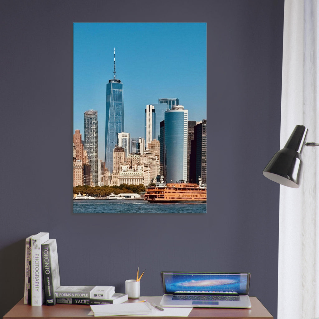 NYC skyline canvas print featuring the World Trade Center and Staten Island Ferry in the Travel Collection by My Store.