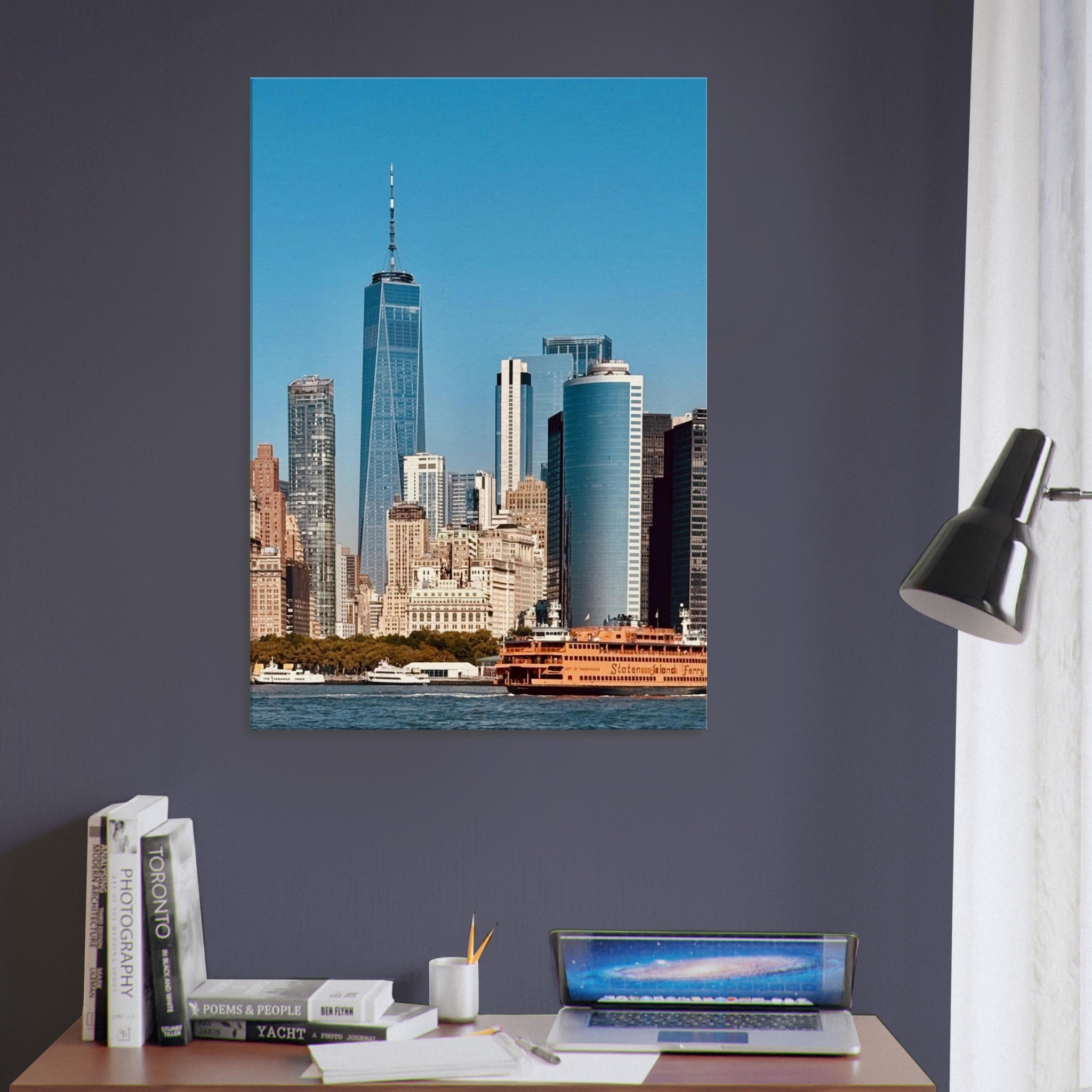 NYC Skyline canvas print featuring the World Trade Center and Staten Island Ferry in the travel collection, studio edition.