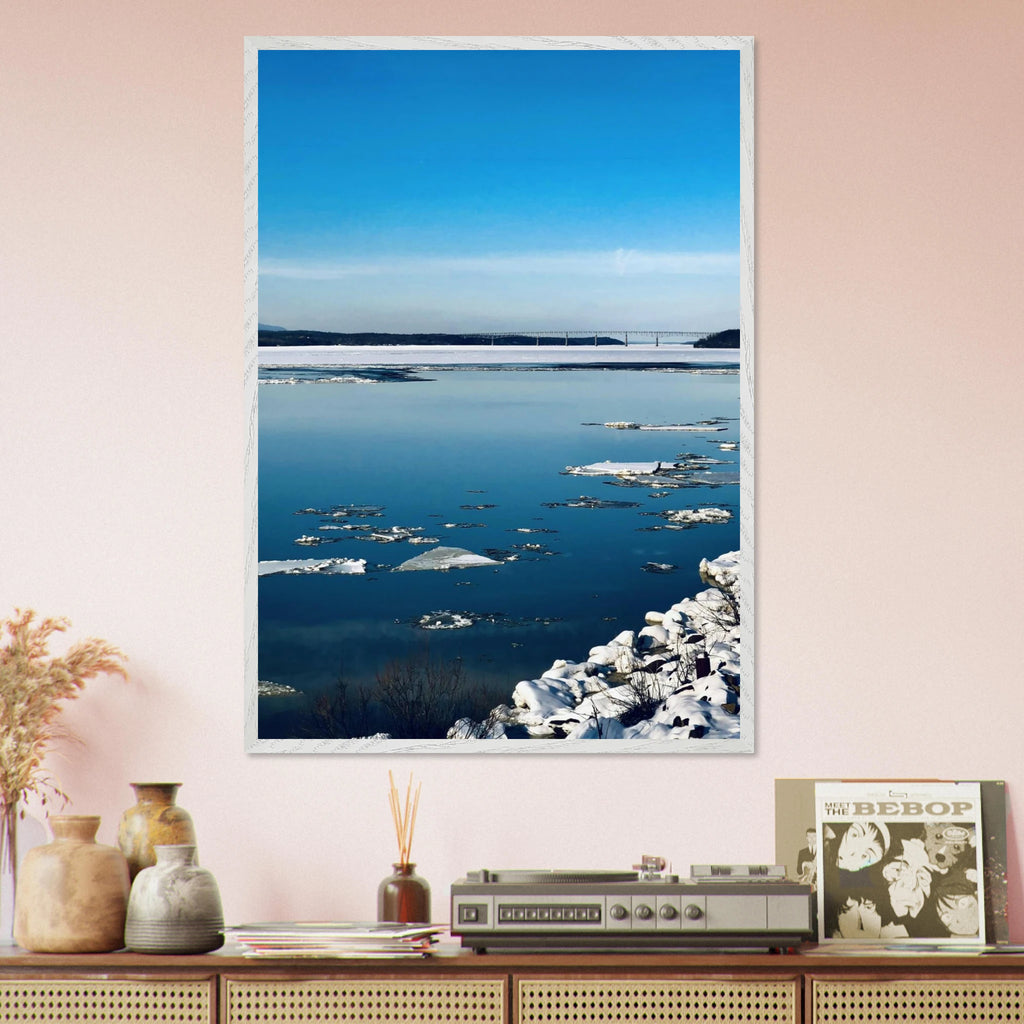 Premium wooden framed Hudson Valley winter poster print with snowy landscape, featuring a chic wood frame and holiday travel vibes.