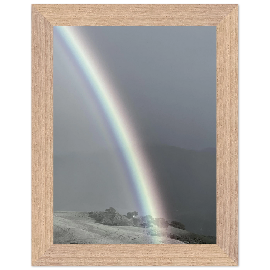 Black and white mounted framed poster of a post-summer storm rainbow, part of the California Central Coast travel collection.